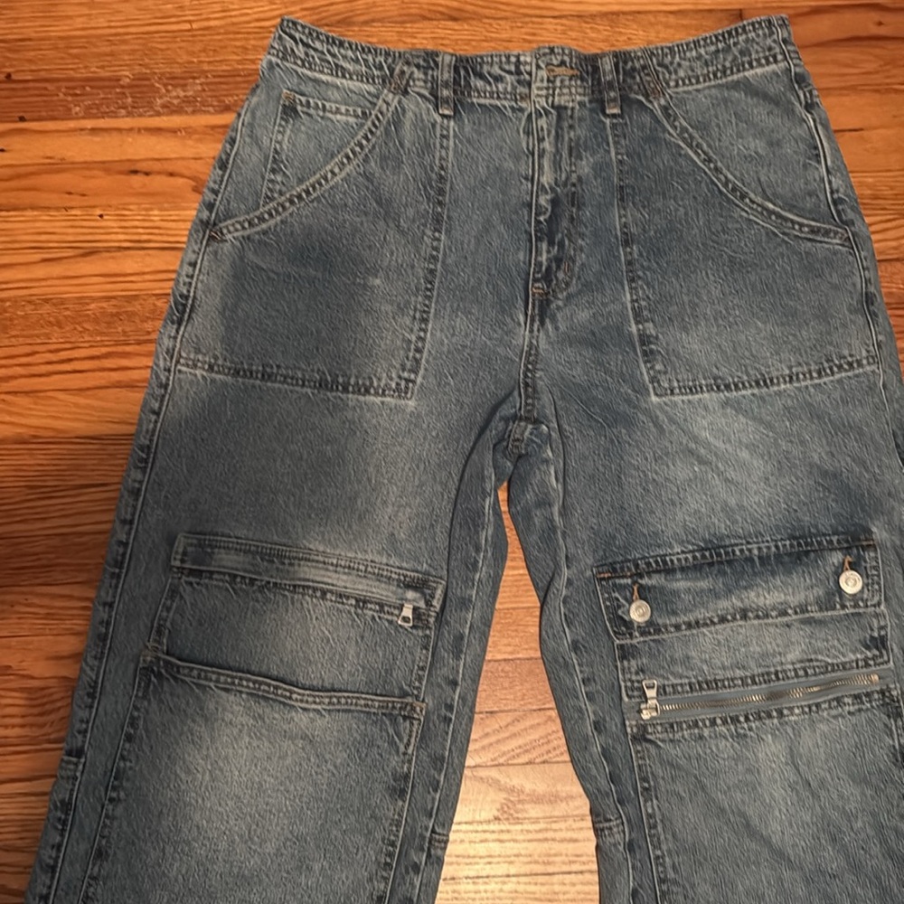 Free People CRVY Under Construction Utility Jeans Sz 32 Cargo Baggy Double Knee - Picture 7 of 10